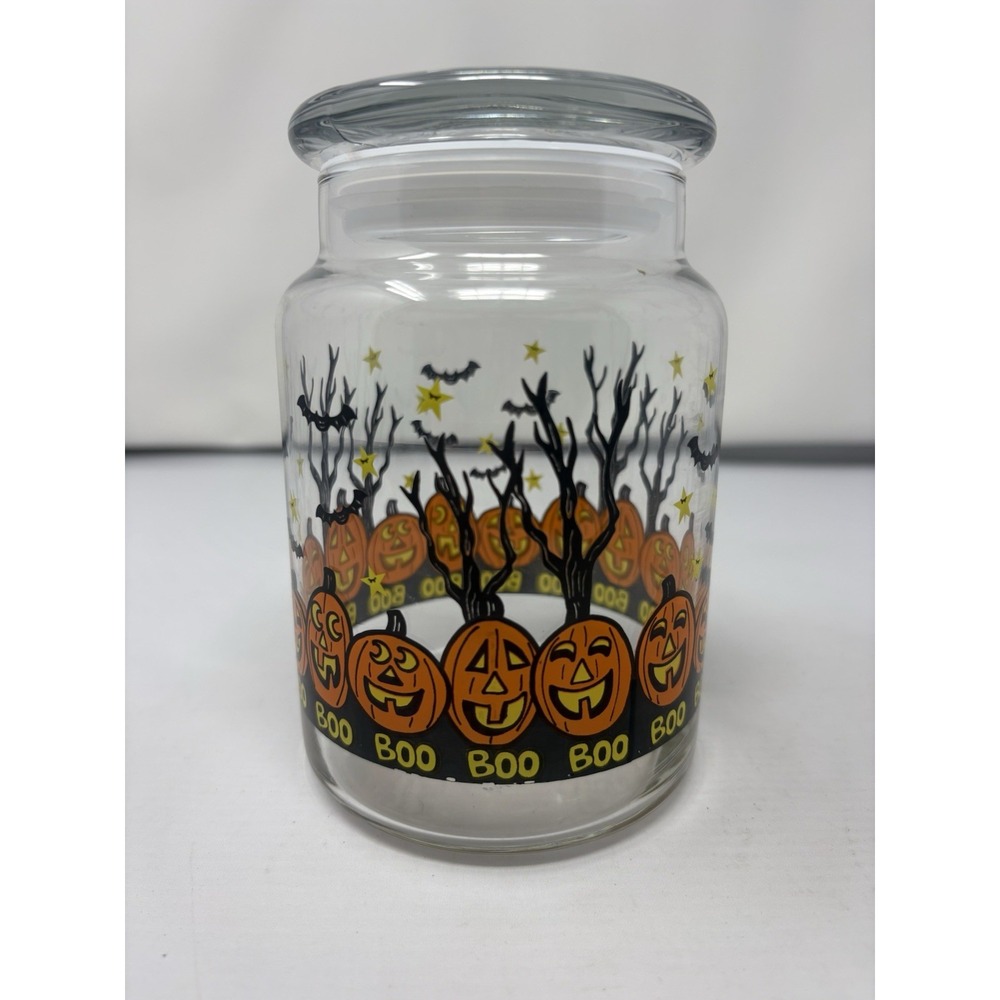 Vintage Libbey 90's Halloween Bats Jack'O Lanterns Boo Stars Trees 6" Candy Jar